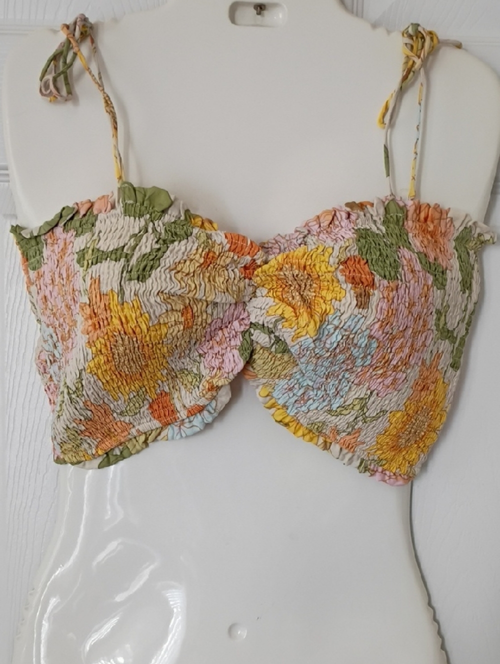Dress Forum Floral Smocked Tie-Shoulder Crop Top - Yellow, Green, Pink, Blue
